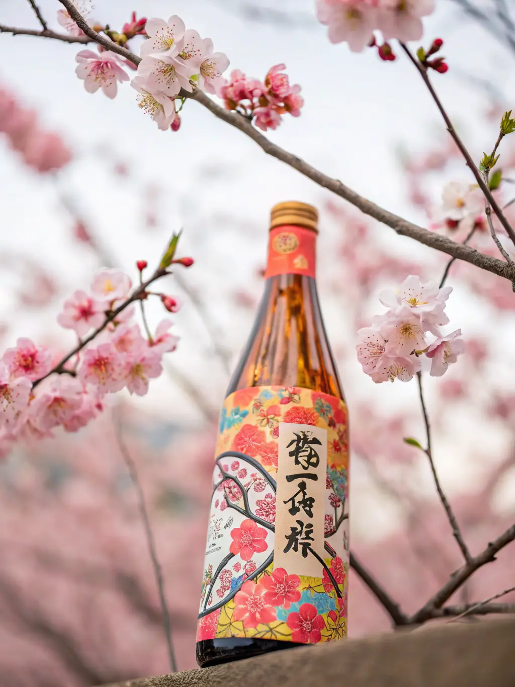 A close-up shot of a chilled sake bottle with condensation, set against a dimly lit, traditional Japanese background, emphasizing its refreshing quality.