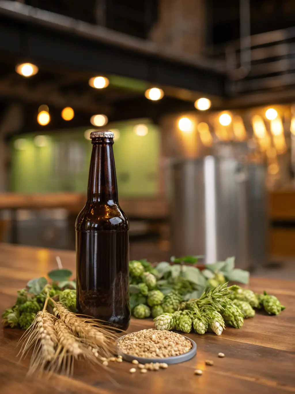 A pint of craft beer with a frothy head, placed on a wooden bar top with blurred izakaya decorations in the background, showcasing its refreshing appeal.