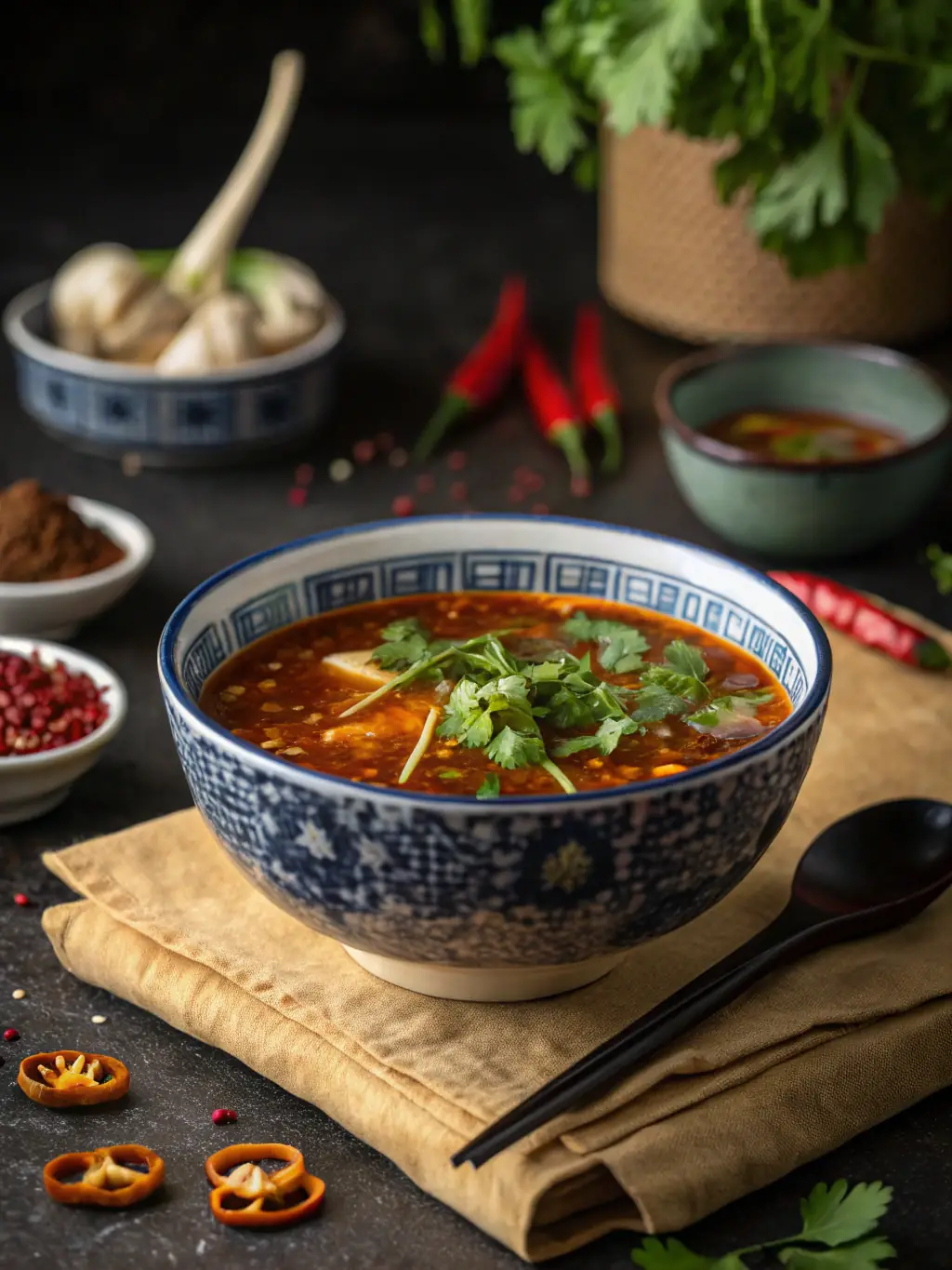 A steaming hot pot filled with a rich broth, various meats, vegetables, and tofu, presented in a traditional hot pot container with steam rising.