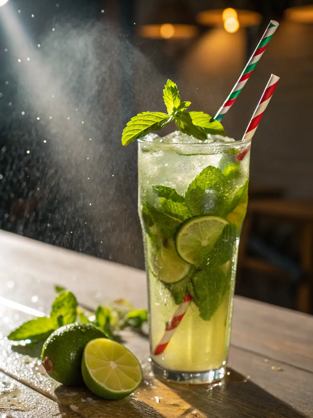 A vibrant cocktail in a stylish glass, garnished with fresh fruit and herbs, set against a backdrop of the restaurant's movie-themed decor.