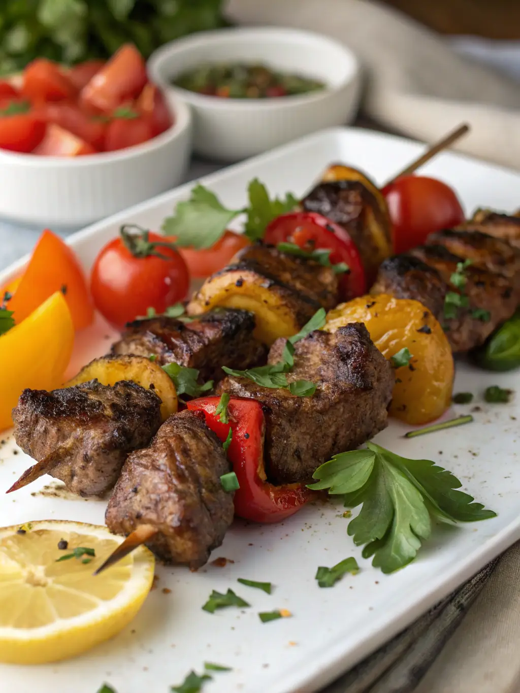 An assortment of grilled skewers, including chicken, pork, and vegetables, arranged artfully on a wooden board, with dipping sauces in small bowls.