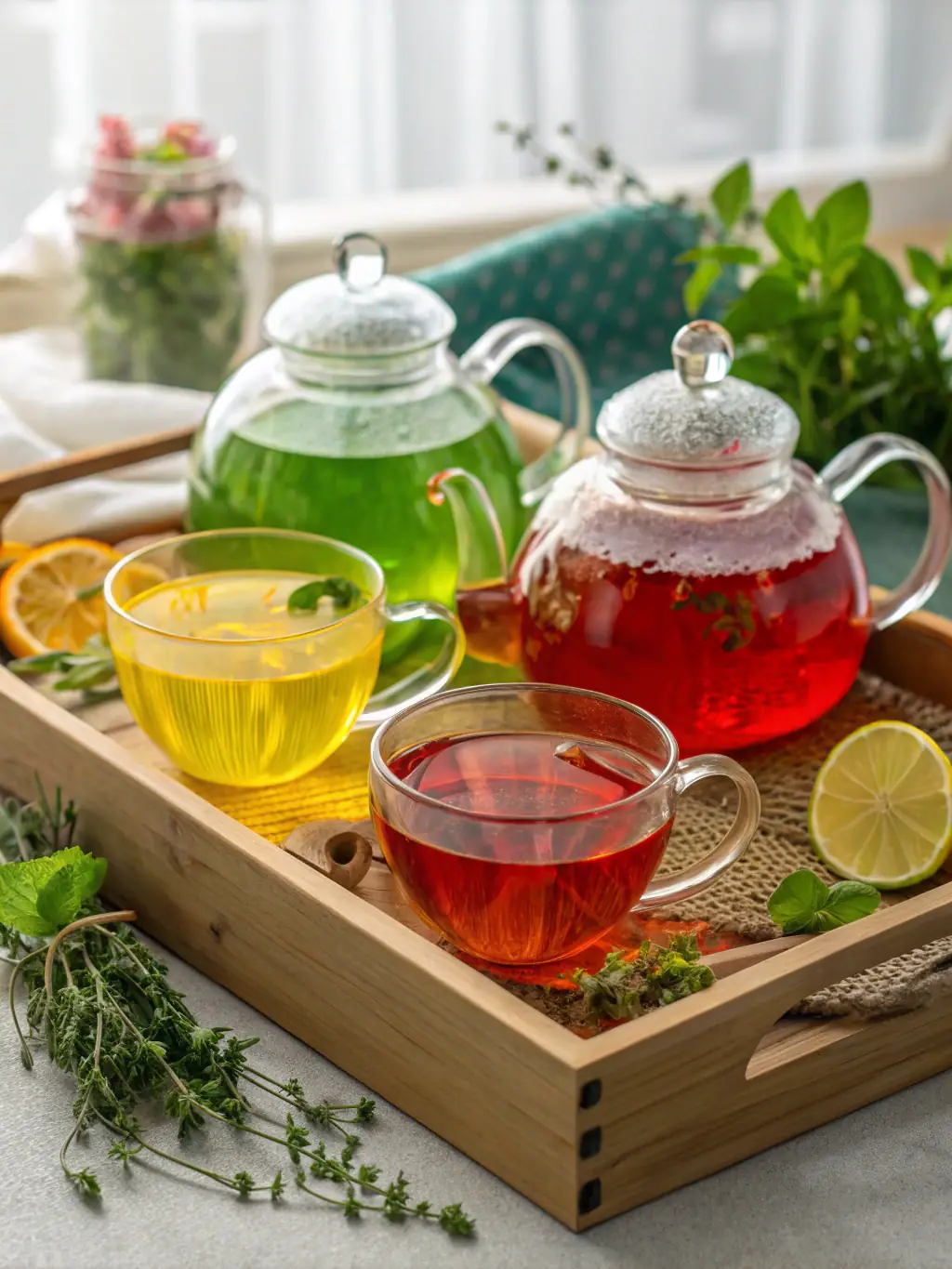 A selection of non-alcoholic beverages, including sparkling water with lemon, iced tea, and traditional Japanese teas, arranged on a tray with a minimalist background.