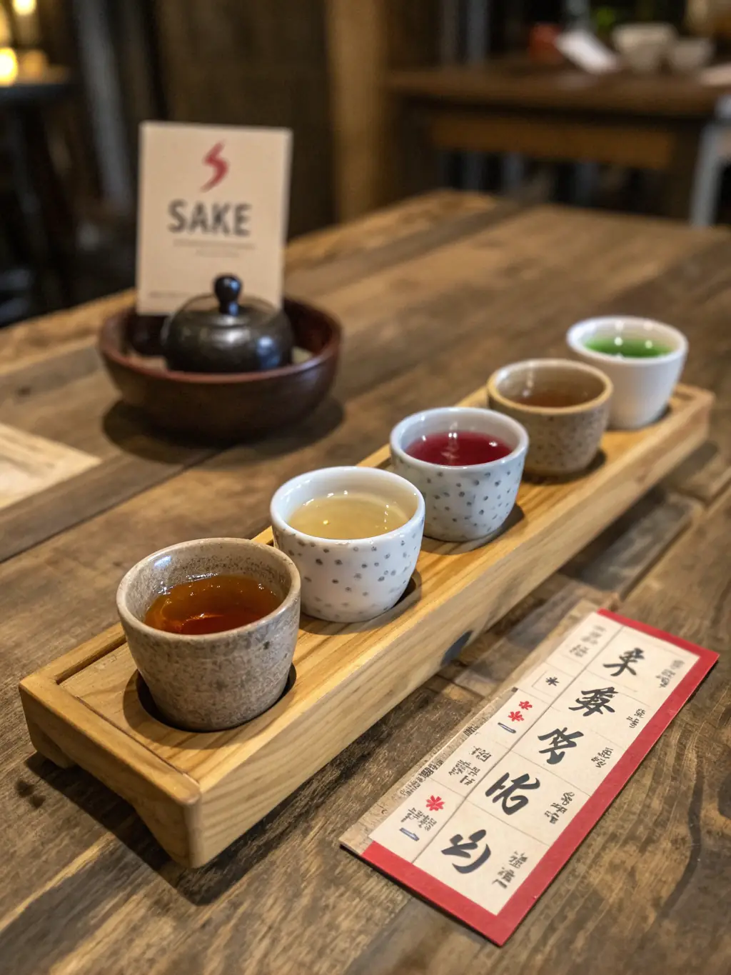 A traditional sake set with a ceramic bottle and small cups, arranged elegantly on a bamboo mat, highlighting the restaurant's authentic Japanese offerings.