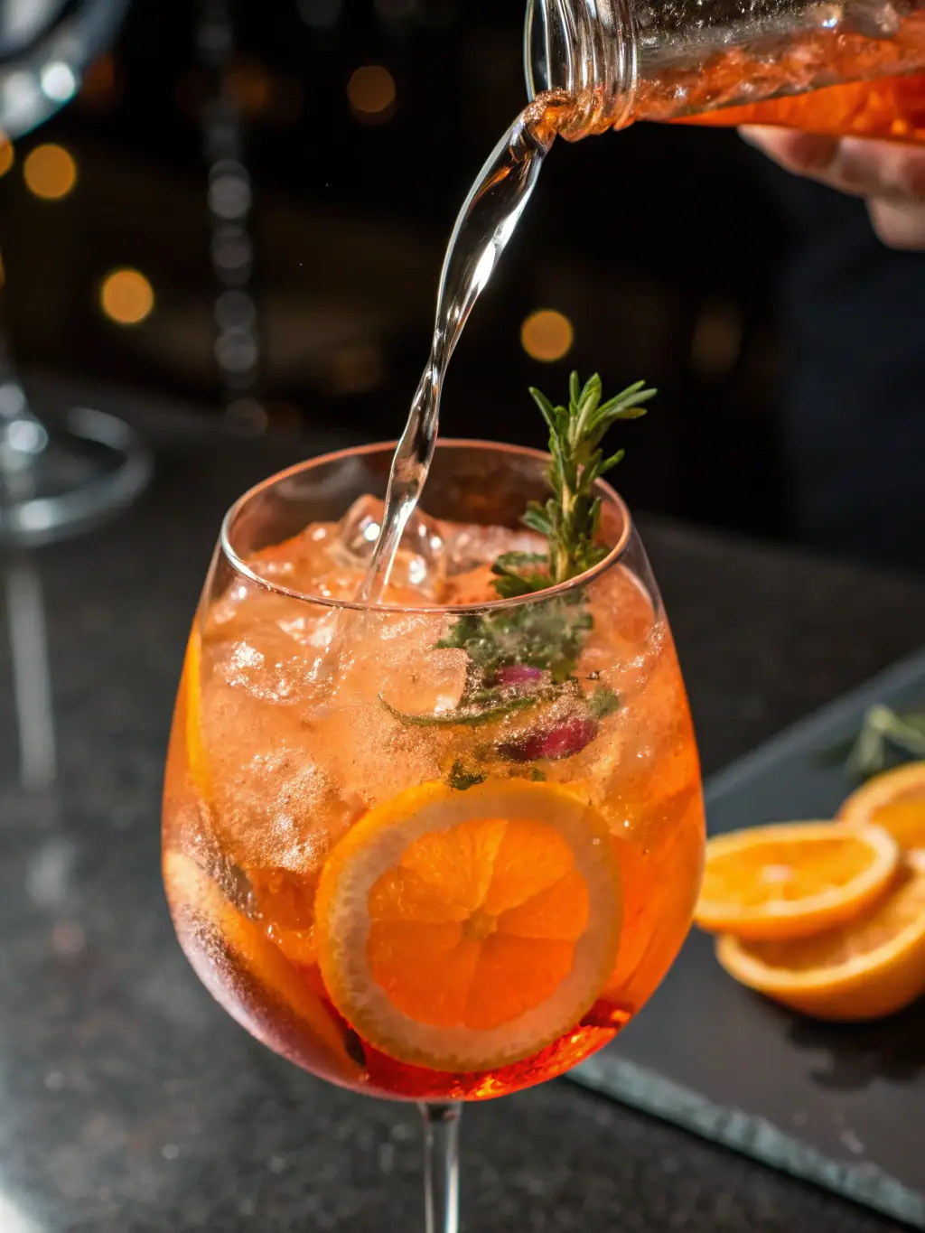 A vibrant and colorful fruit-infused cocktail in a stylish glass, garnished with fresh berries and mint, showcasing the restaurant's creative mixology.